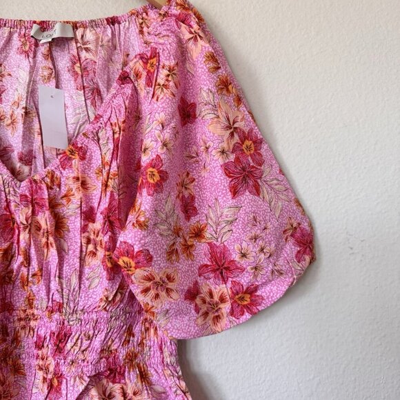 NWT LOFT Lily Gathered Waist V Neck Blouse Size Medium Pink Zinnia - Picture 2 of 7